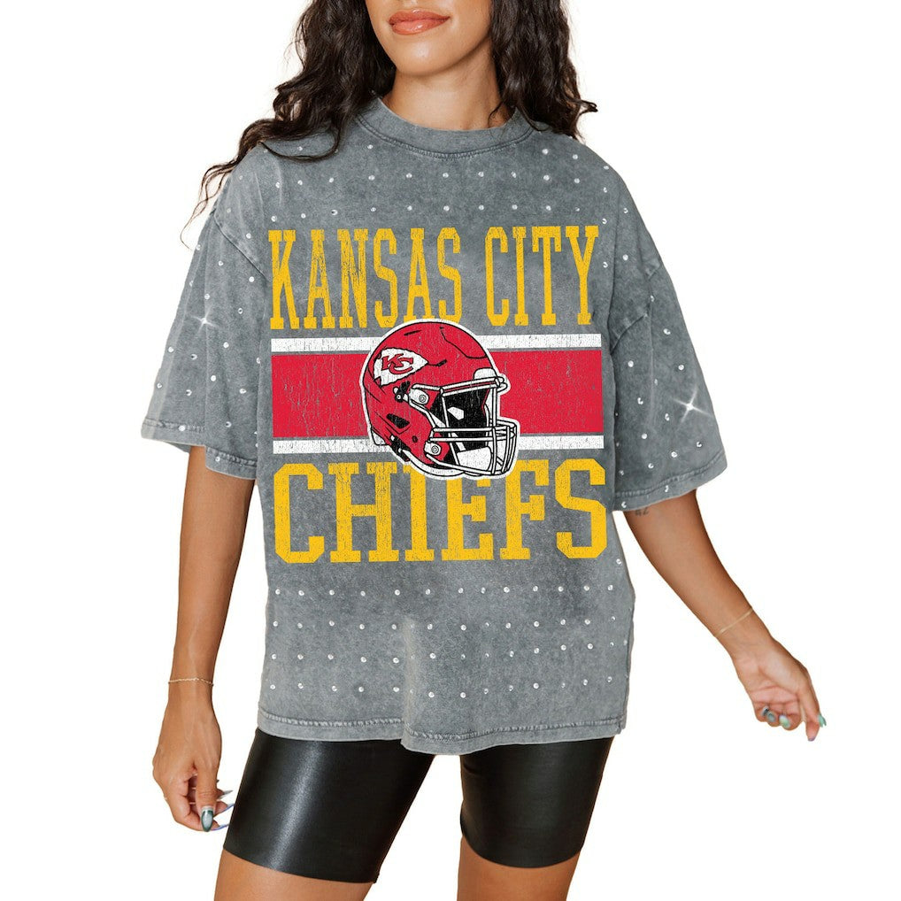 Kansas City Chiefs Gameday Couture Women's Oversized Mini Rhinestone Classic T-Shirt - Gray cheap