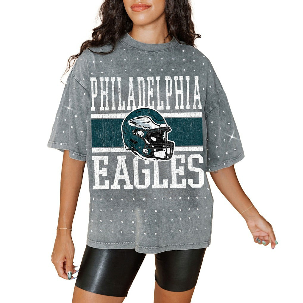 Philadelphia Eagles Gameday Couture Women's Oversized Mini Rhinestone Classic T-Shirt - Gray for sale