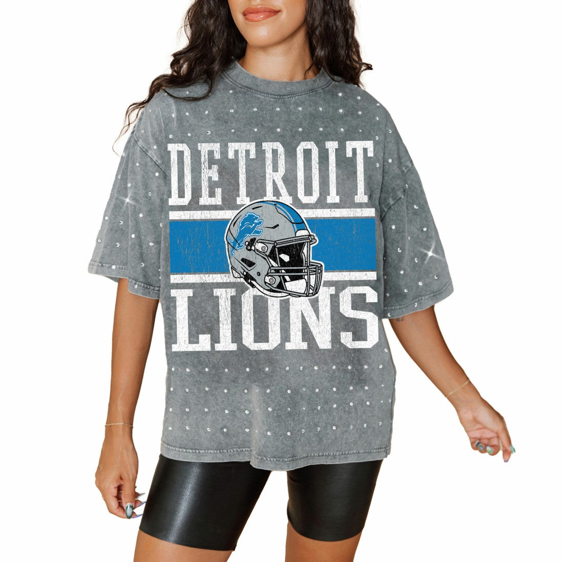 Detroit Lions Gameday Couture Women's Oversized Mini Rhinestone Classic T-Shirt - Gray online