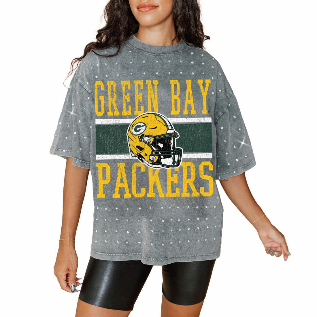 Green Bay Packers Gameday Couture Women's Oversized Mini Rhinestone Classic T-Shirt - Gray cheap