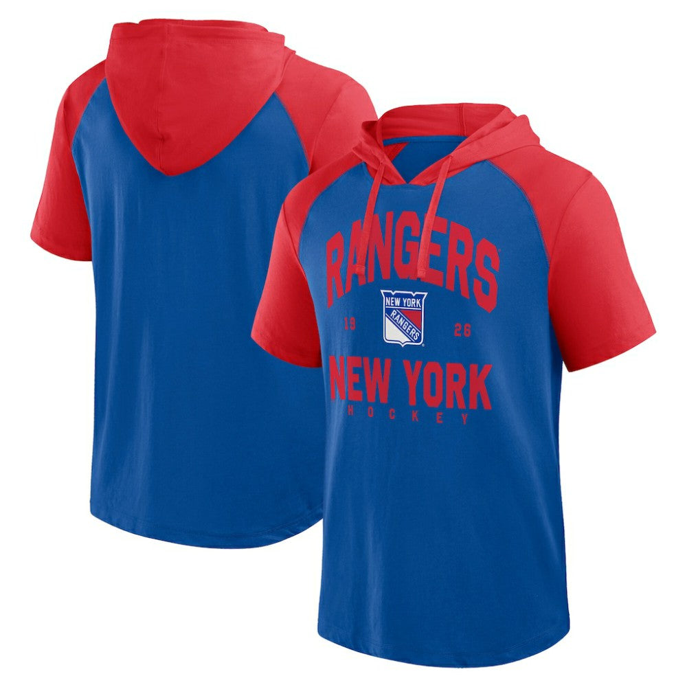 New York Rangers Logo Athletic Prime Raglan Short Sleeve Pullover Hoodie - Blue Hoodies