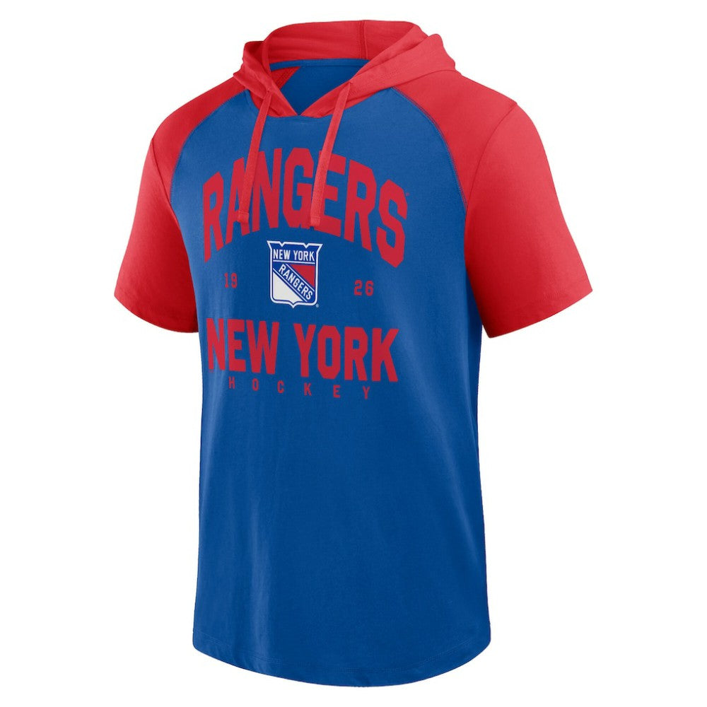New York Rangers Logo Athletic Prime Raglan Short Sleeve Pullover Hoodie - Blue Hoodies