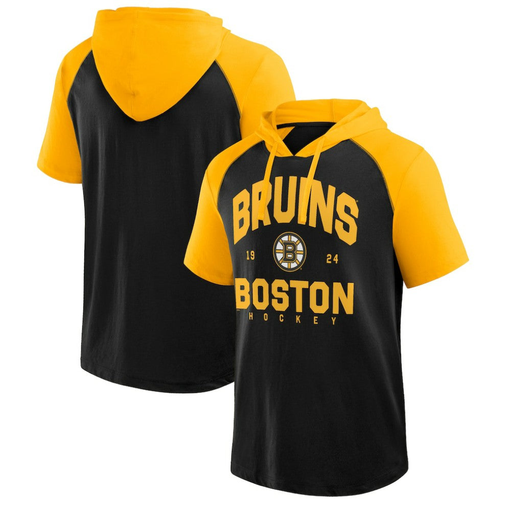 Boston Bruins Logo Athletic Prime Raglan Short Sleeve Pullover Hoodie - Black Hoodies