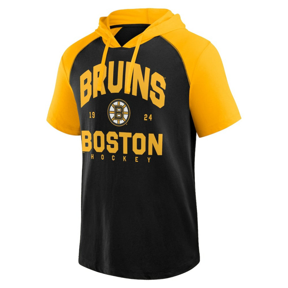 Boston Bruins Logo Athletic Prime Raglan Short Sleeve Pullover Hoodie - Black Hoodies