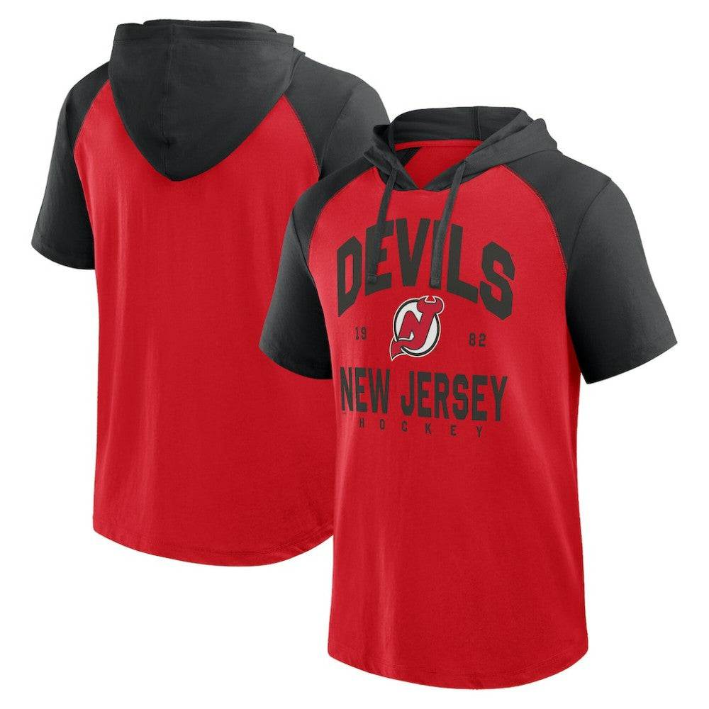 New Jersey Devils Logo Athletic Prime Raglan Short Sleeve Pullover Hoodie - Red Jerseys
