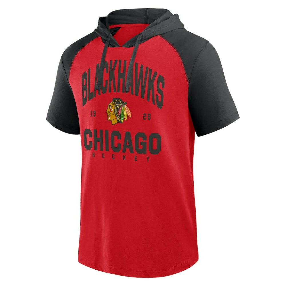 Chicago Blackhawks Logo Athletic Prime Raglan Short Sleeve Pullover Hoodie - Red Hoodies