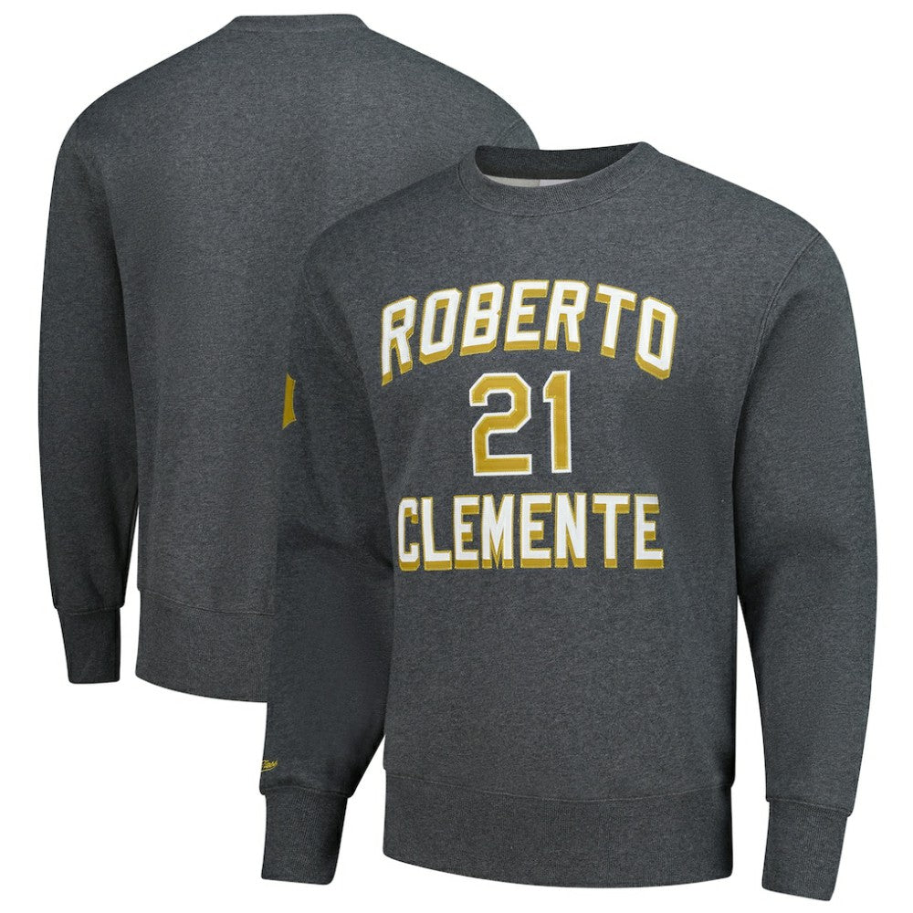 Roberto Clemente Pittsburgh Pirates Legends Collection Vintage Logo Name & Number Fleece Pullover Sweatshirt Heather Charcoal