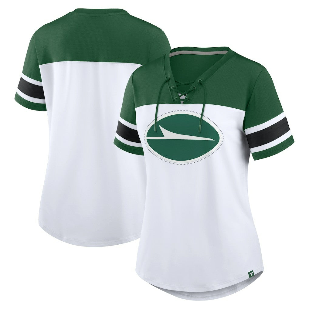 New York Jets Women's Athena Rhinestone Lace-Up V-Neck T-Shirt - White/Green online