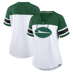 New York Jets Women's Athena Rhinestone Lace-Up V-Neck T-Shirt - White/Green online