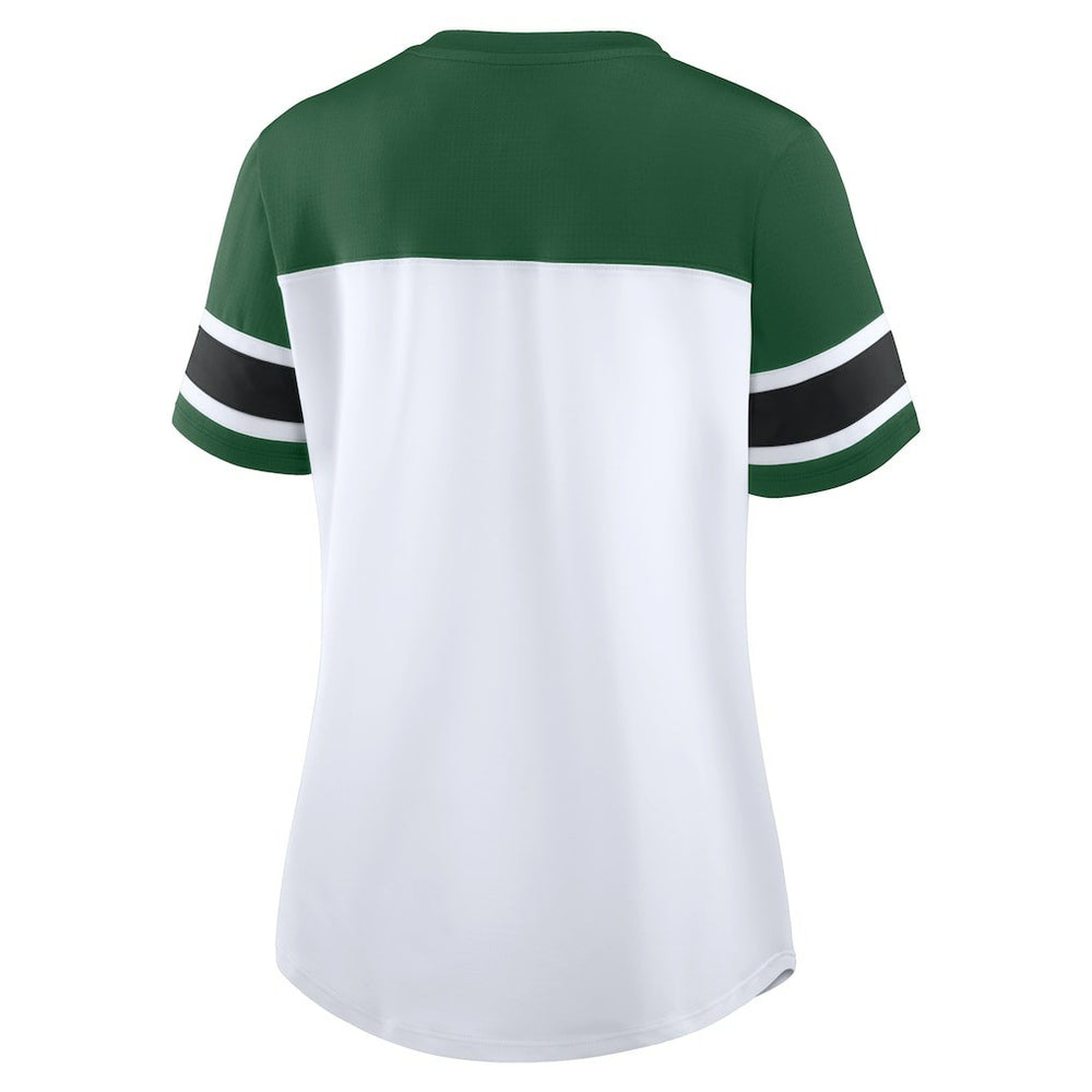 New York Jets Women's Athena Rhinestone Lace-Up V-Neck T-Shirt - White/Green online