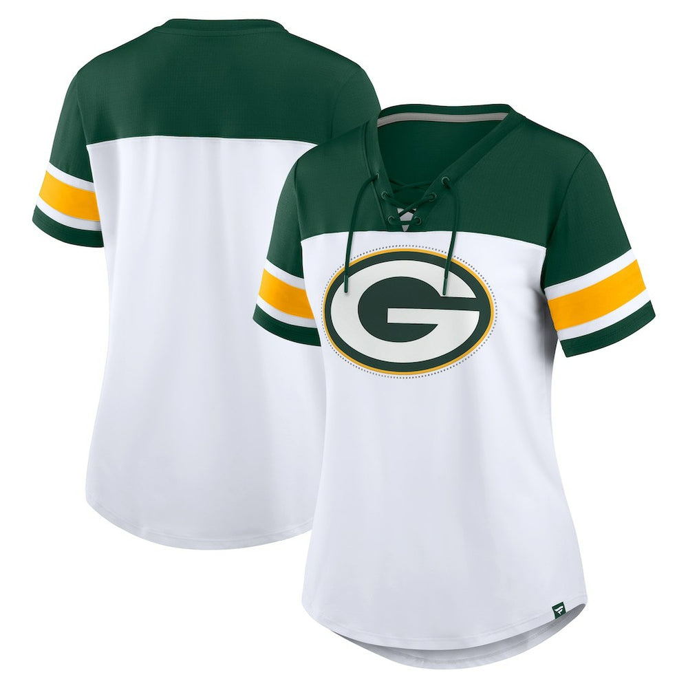 Green Bay Packers Women's Athena Rhinestone Lace-Up V-Neck T-Shirt - White/Green on sale