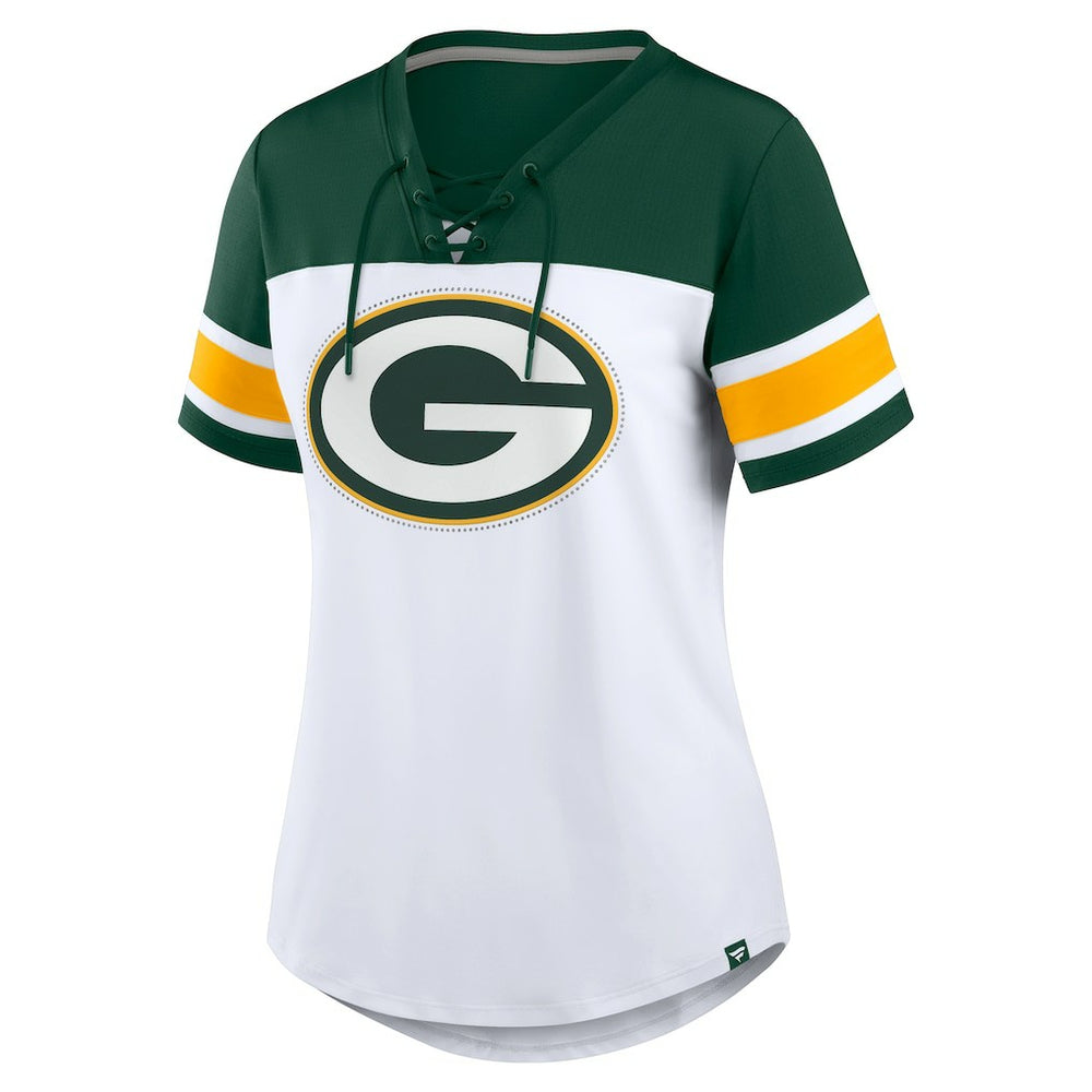 Green Bay Packers Women's Athena Rhinestone Lace-Up V-Neck T-Shirt - White/Green on sale