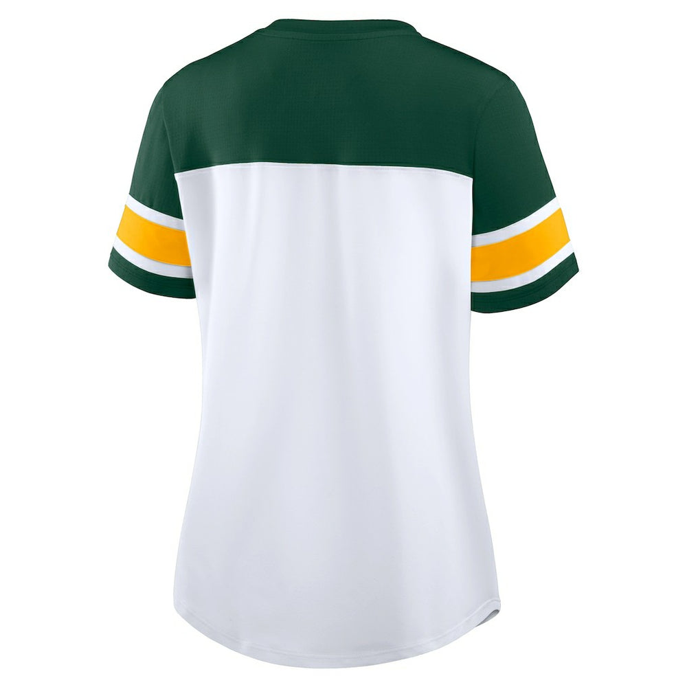 Green Bay Packers Women's Athena Rhinestone Lace-Up V-Neck T-Shirt - White/Green on sale