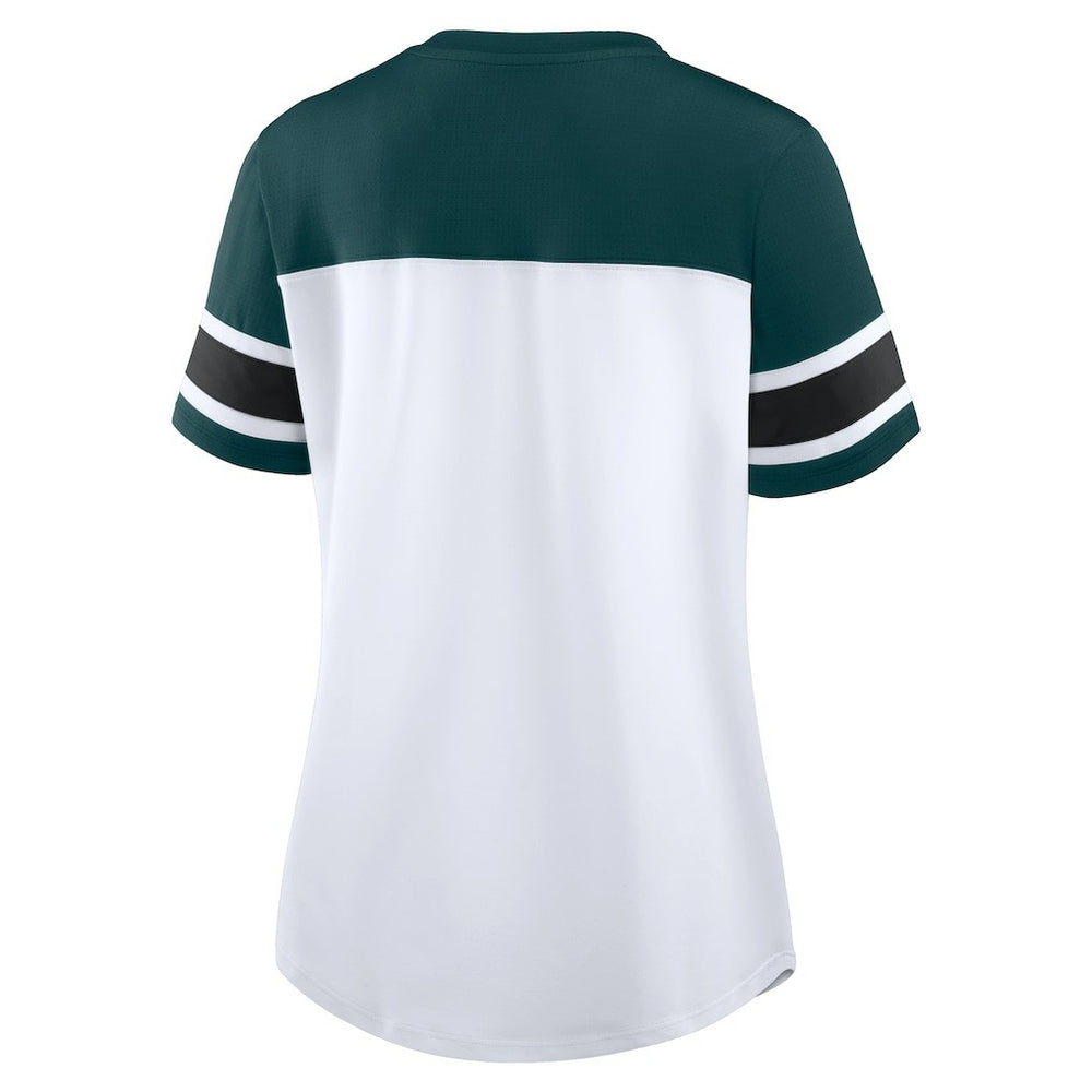 Philadelphia Eagles Women's Athena Rhinestone Lace-Up V-Neck T-Shirt - White/Midnight Green cheap