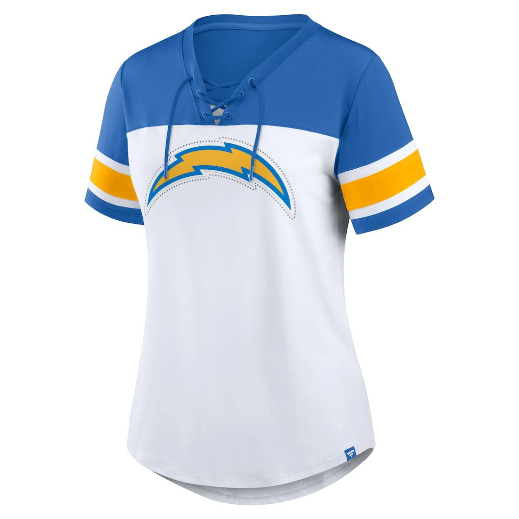Los Angeles Chargers Women's Athena Rhinestone Lace-Up V-Neck T-Shirt - White/Powder Blue for sale
