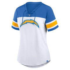 Los Angeles Chargers Women's Athena Rhinestone Lace-Up V-Neck T-Shirt - White/Powder Blue for sale