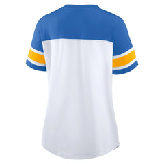 Los Angeles Chargers Women's Athena Rhinestone Lace-Up V-Neck T-Shirt - White/Powder Blue for sale