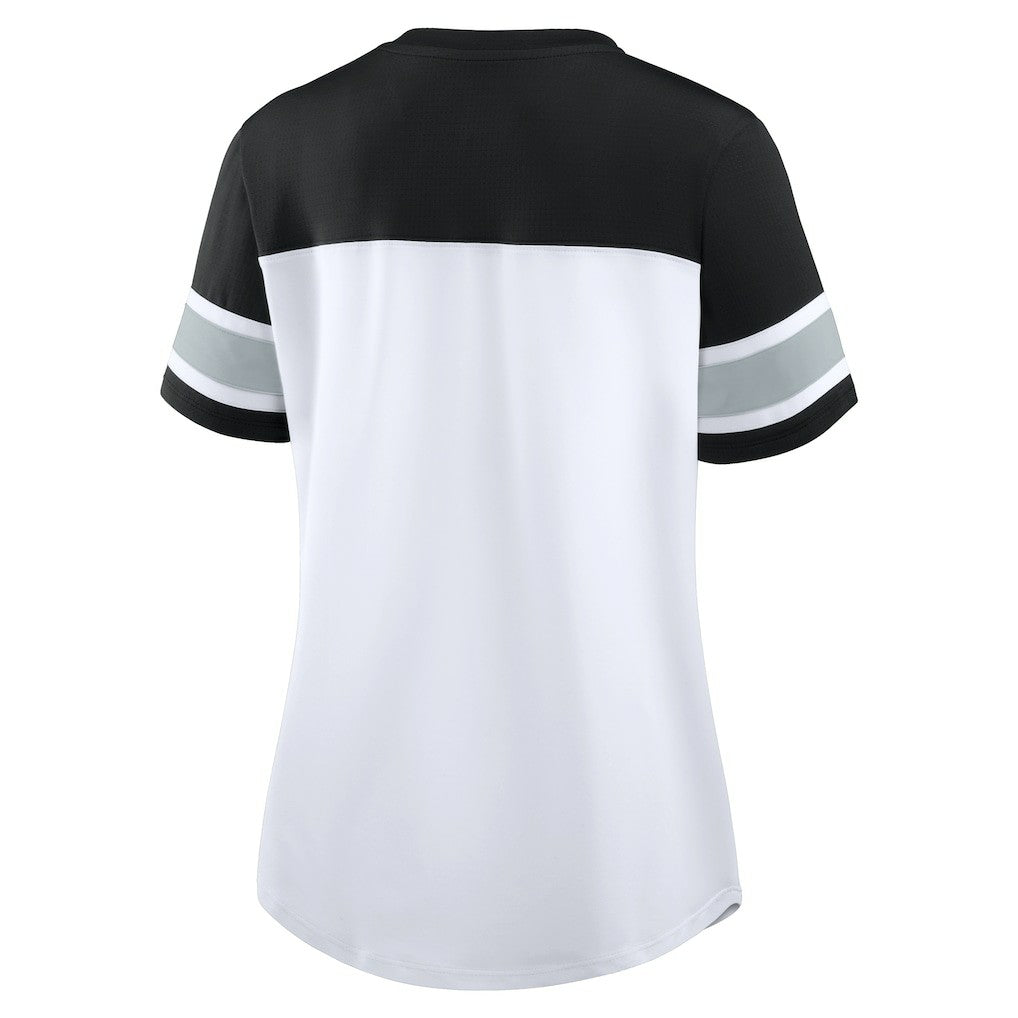 Las Vegas Raiders Women's Athena Lace-Up V-Neck T-Shirt - White/Black discount