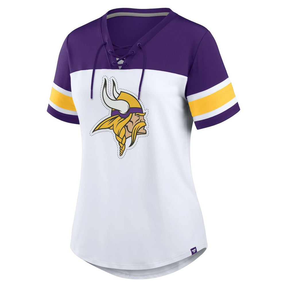 Minnesota Vikings Women's Athena Rhinestone Lace-Up V-Neck T-Shirt - White/Purple outlet