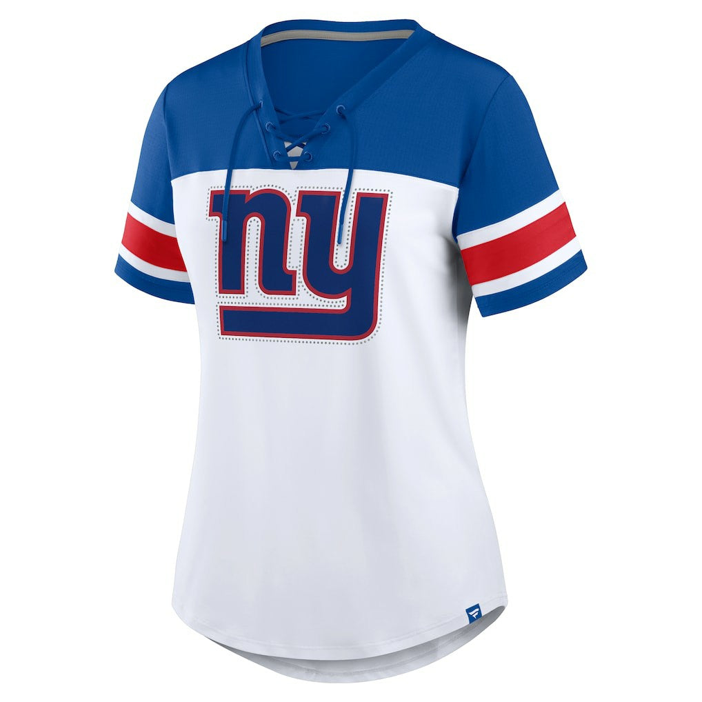 New York Giants Women's Athena Rhinestone Lace-Up V-Neck T-Shirt - White/Royal outlet