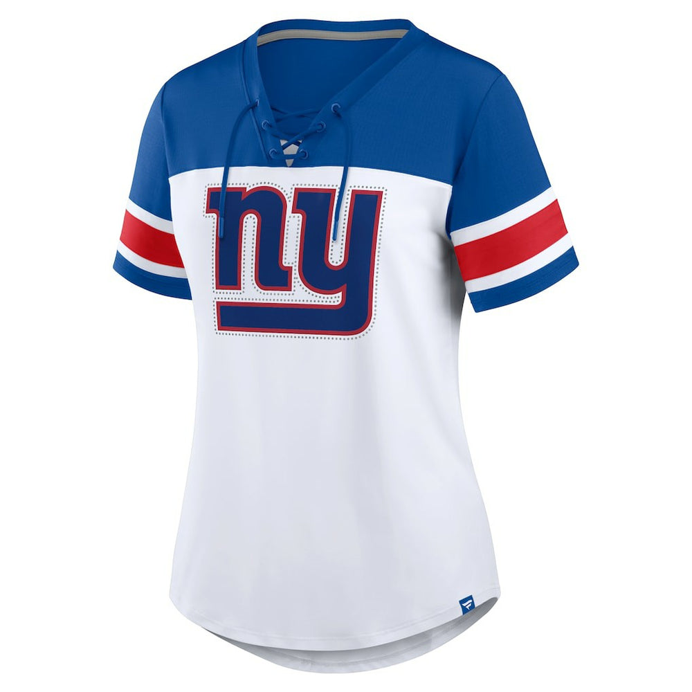 New York Giants Women's Athena Rhinestone Lace-Up V-Neck T-Shirt - White/Royal outlet