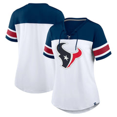 Houston Texans Women's Athena Rhinestone Lace-Up V-Neck T-Shirt - White/Navy for sale