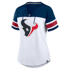 Houston Texans Women's Athena Rhinestone Lace-Up V-Neck T-Shirt - White/Navy for sale
