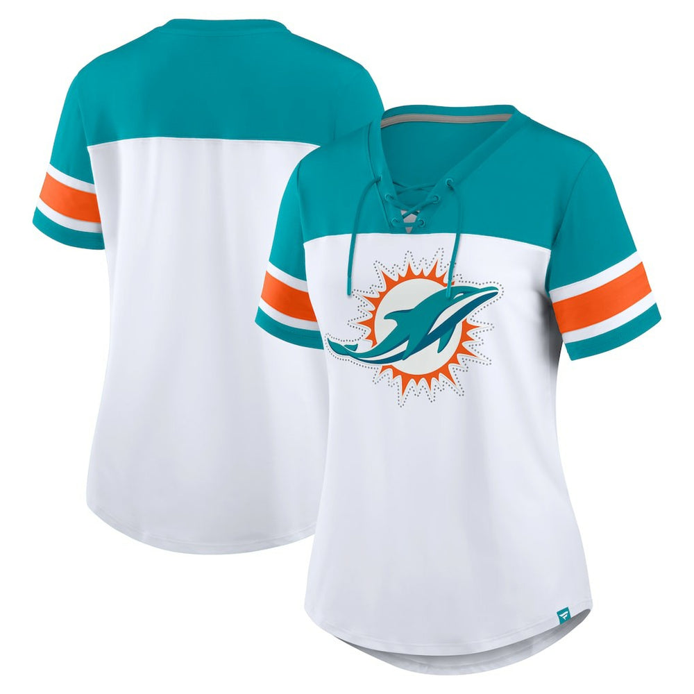 Miami Dolphins Women's Athena Rhinestone Lace-Up V-Neck T-Shirt - White/Aqua cheap