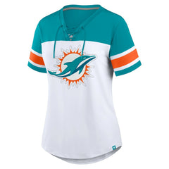 Miami Dolphins Women's Athena Rhinestone Lace-Up V-Neck T-Shirt - White/Aqua cheap