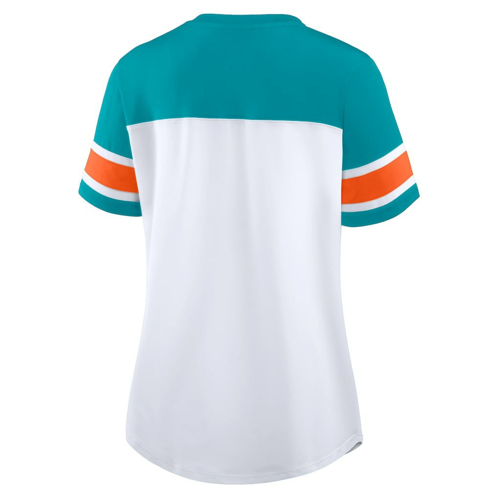 Miami Dolphins Women's Athena Rhinestone Lace-Up V-Neck T-Shirt - White/Aqua cheap