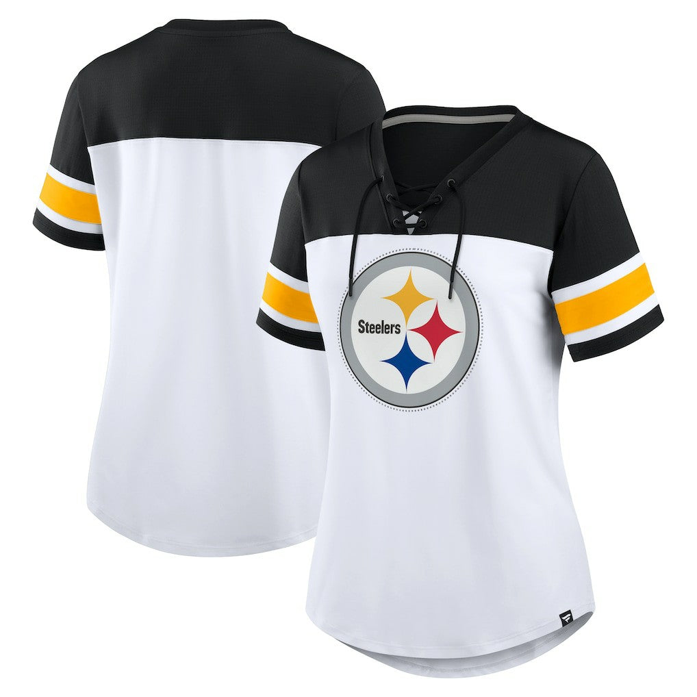 Pittsburgh Steelers Women's Athena Rhinestone Lace-Up V-Neck T-Shirt - White/Black on sale