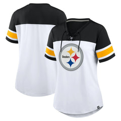 Pittsburgh Steelers Women's Athena Rhinestone Lace-Up V-Neck T-Shirt - White/Black on sale
