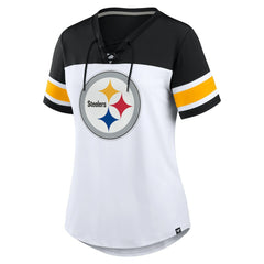 Pittsburgh Steelers Women's Athena Rhinestone Lace-Up V-Neck T-Shirt - White/Black on sale