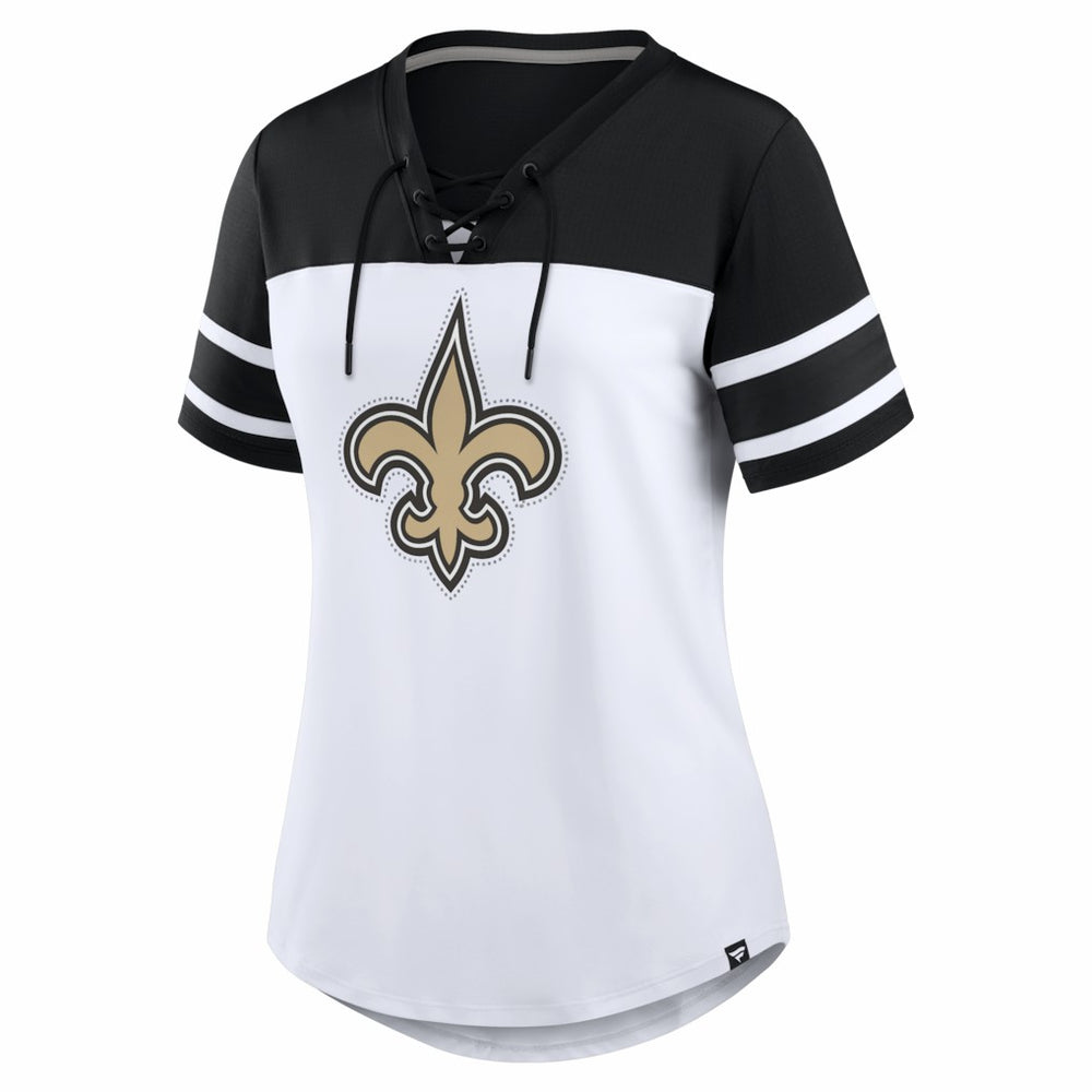 New Orleans Saints Women's Athena Rhinestone Lace-Up V-Neck T-Shirt - White/Black sale