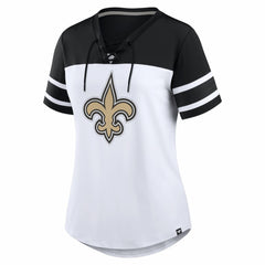 New Orleans Saints Women's Athena Rhinestone Lace-Up V-Neck T-Shirt - White/Black sale