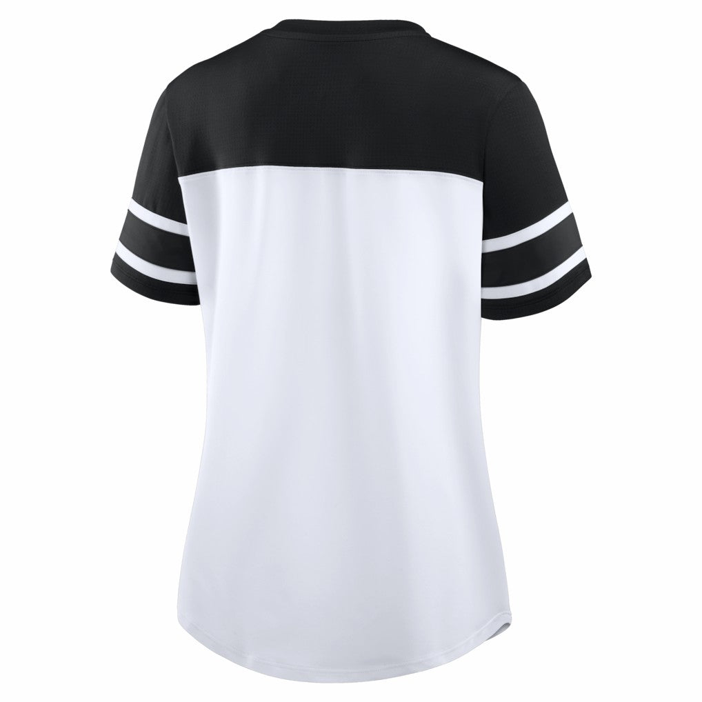 New Orleans Saints Women's Athena Rhinestone Lace-Up V-Neck T-Shirt - White/Black sale