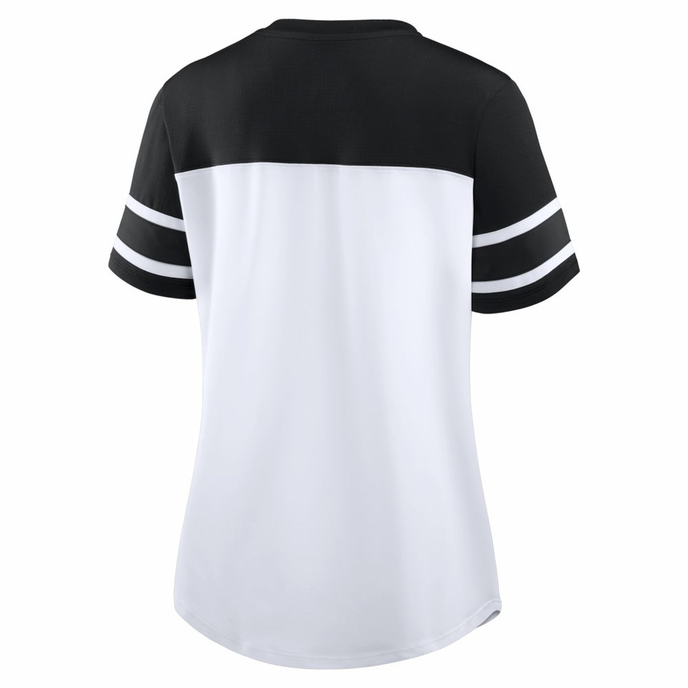 New Orleans Saints Women's Athena Rhinestone Lace-Up V-Neck T-Shirt - White/Black sale