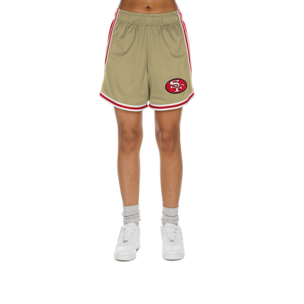 San Francisco 49ers New Era Women's Throwback Sport Classics Mesh Shorts - Gold/Scarlet on sale
