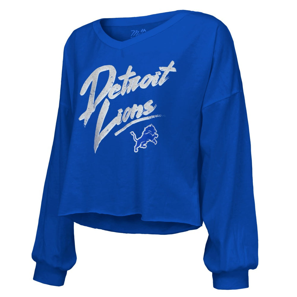 Amon-Ra St. Brown Detroit Lions Majestic Threads Women's Name & Number Off-Shoulder Script Cropped Long Sleeve Relaxed V-Neck T-Shirt - Blue sale
