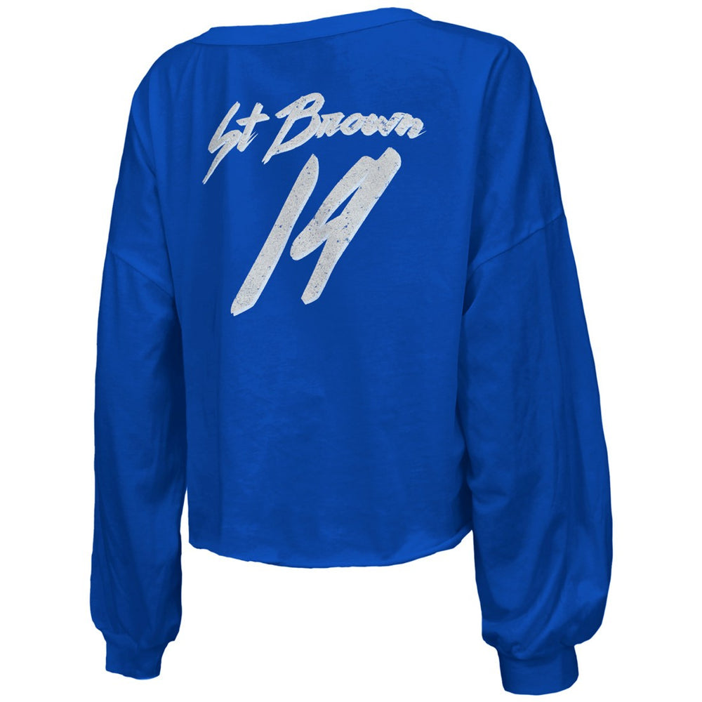 Amon-Ra St. Brown Detroit Lions Majestic Threads Women's Name & Number Off-Shoulder Script Cropped Long Sleeve Relaxed V-Neck T-Shirt - Blue sale