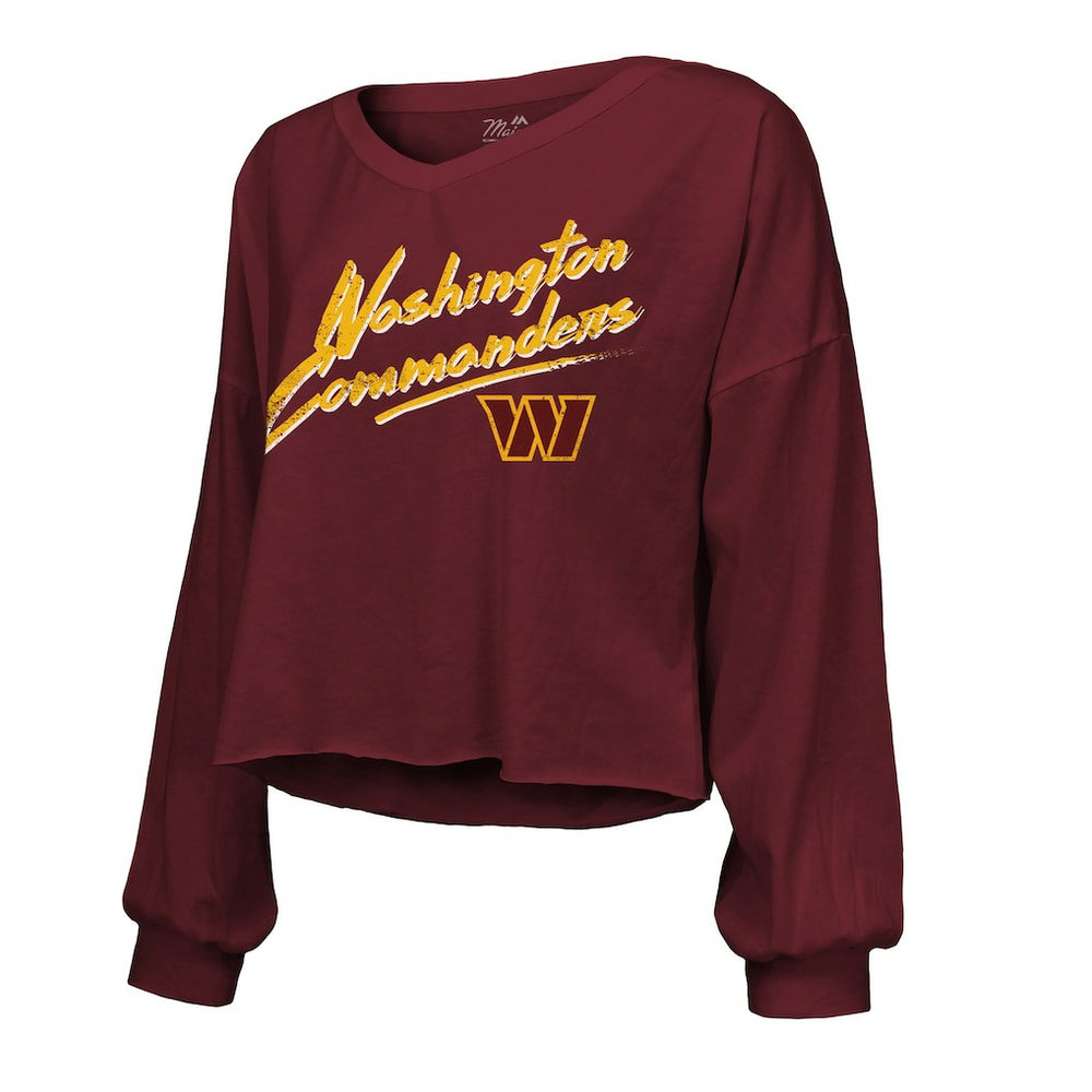 Jayden Daniels Washington Commanders Majestic Threads Women's Name & Number Off-Shoulder Script Cropped Long Sleeve Relaxed V-Neck T-Shirt - Burgundy on sale