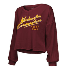 Jayden Daniels Washington Commanders Majestic Threads Women's Name & Number Off-Shoulder Script Cropped Long Sleeve Relaxed V-Neck T-Shirt - Burgundy on sale