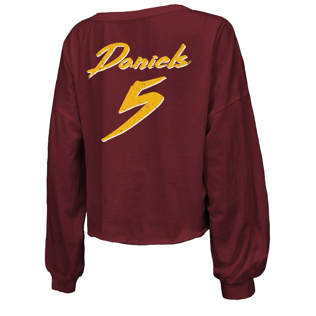 Jayden Daniels Washington Commanders Majestic Threads Women's Name & Number Off-Shoulder Script Cropped Long Sleeve Relaxed V-Neck T-Shirt - Burgundy on sale