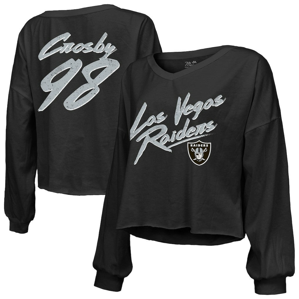 Maxx Crosby Las Vegas Raiders Majestic Threads Women's Name & Number Off-Shoulder Script Cropped Long Sleeve Relaxed V-Neck T-Shirt - Black discount