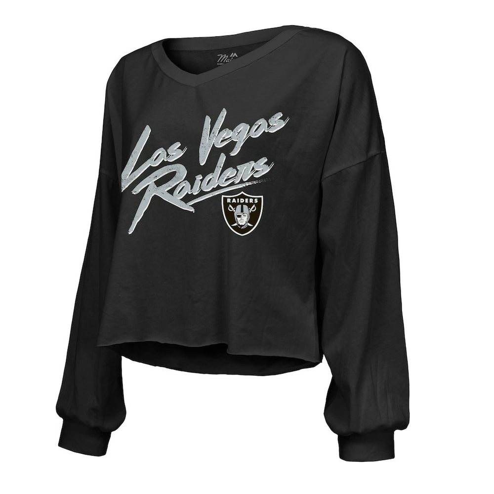 Maxx Crosby Las Vegas Raiders Majestic Threads Women's Name & Number Off-Shoulder Script Cropped Long Sleeve Relaxed V-Neck T-Shirt - Black discount