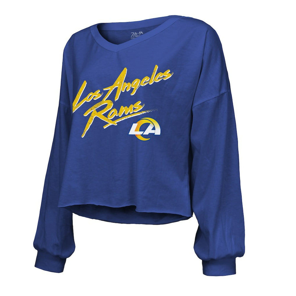Puka Nacua Los Angeles Rams Majestic Threads Women's Off-Shoulder Script Player Name & Number Cropped Long Sleeve V-Neck T-Shirt - Royal sale