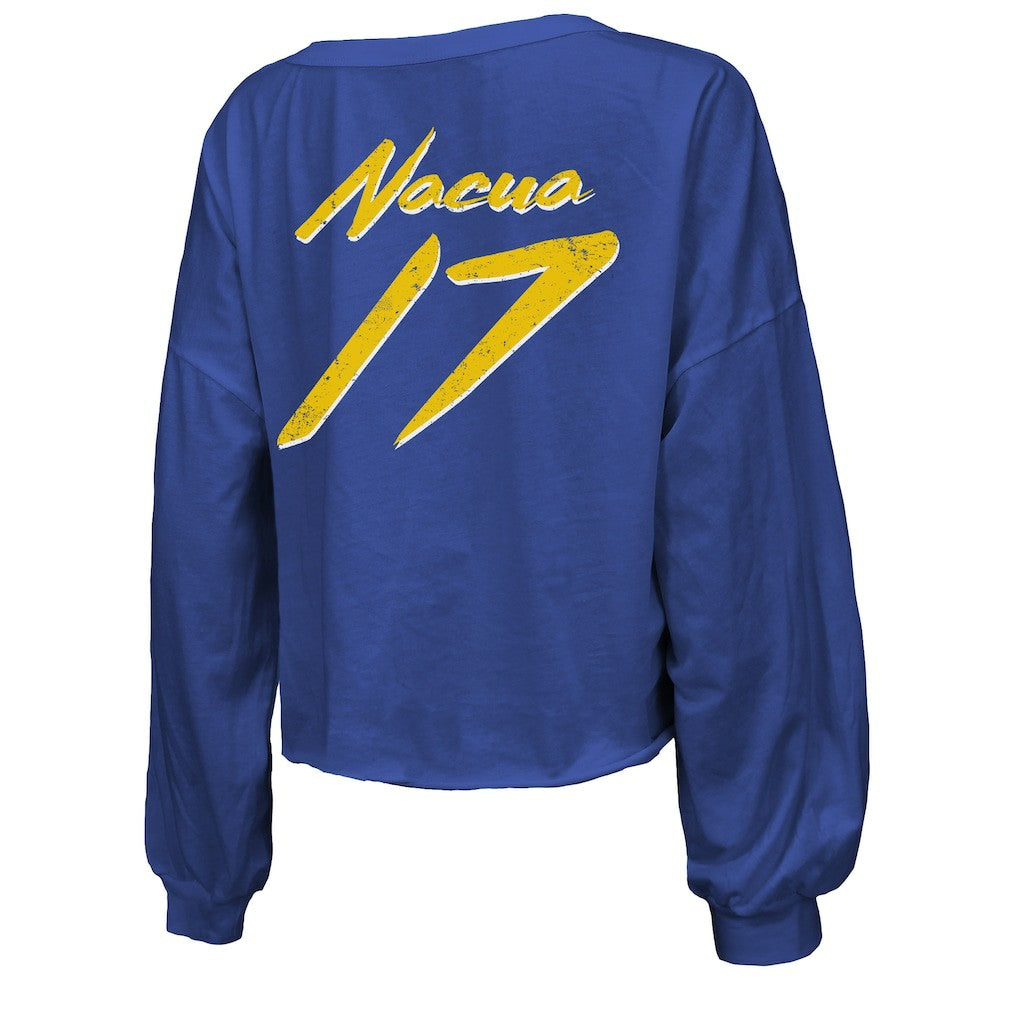 Puka Nacua Los Angeles Rams Majestic Threads Women's Off-Shoulder Script Player Name & Number Cropped Long Sleeve V-Neck T-Shirt - Royal sale