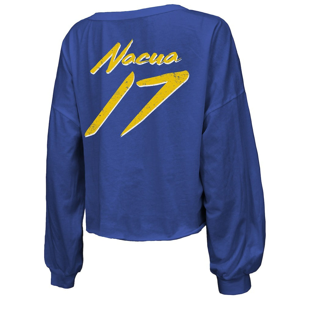 Puka Nacua Los Angeles Rams Majestic Threads Women's Off-Shoulder Script Player Name & Number Cropped Long Sleeve V-Neck T-Shirt - Royal sale