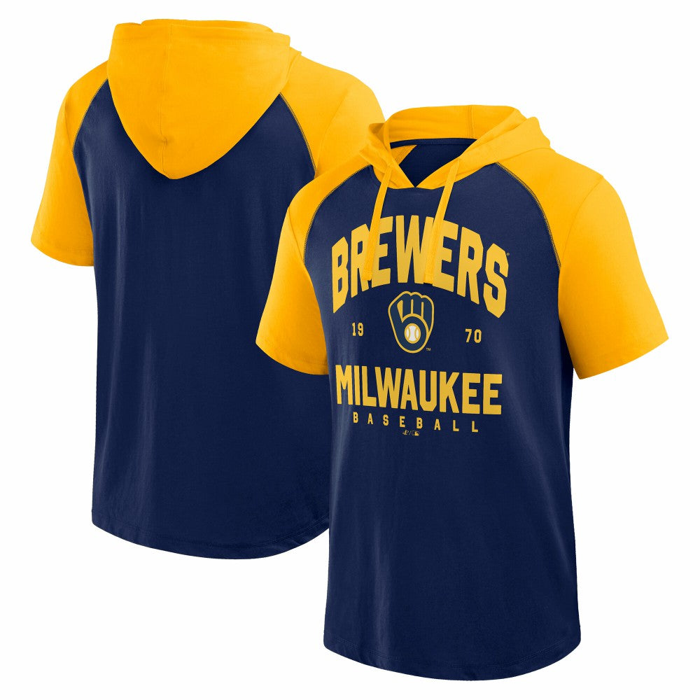 Milwaukee Brewers Logo Athletic Prime Raglan Short Sleeve Hoodie T-Shirt Navy