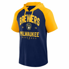 Milwaukee Brewers Logo Athletic Prime Raglan Short Sleeve Hoodie T-Shirt Navy